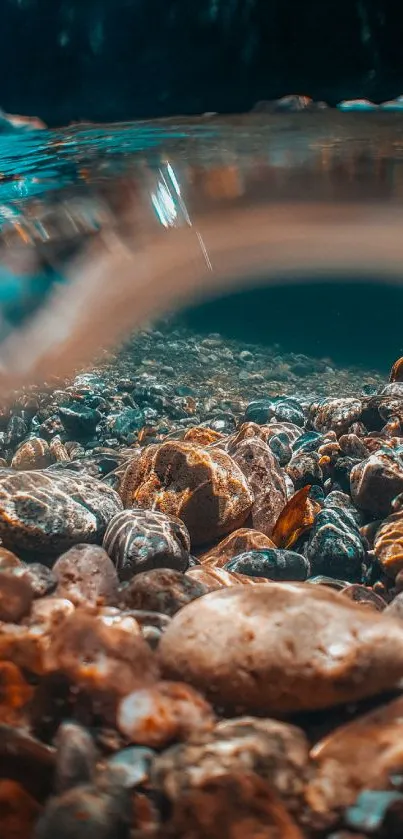 Underwater river scene with colorful stones.