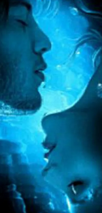 Romantic couple underwater in blue hues.