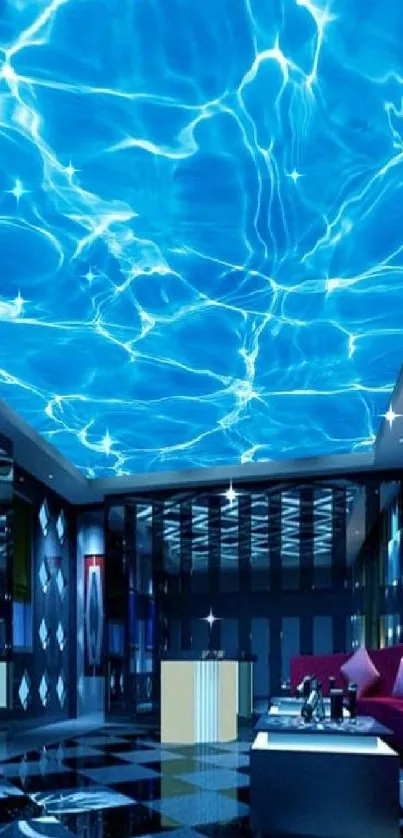 Vibrant underwater-themed room with blue ceiling.