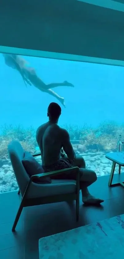 Serene underwater room with marine life view.