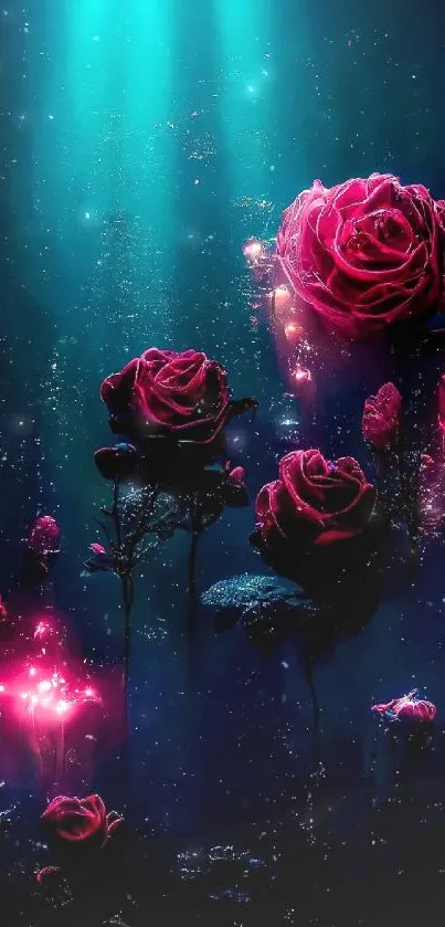 Glowing pink roses submerged in deep blue waters creating a dreamlike scene.