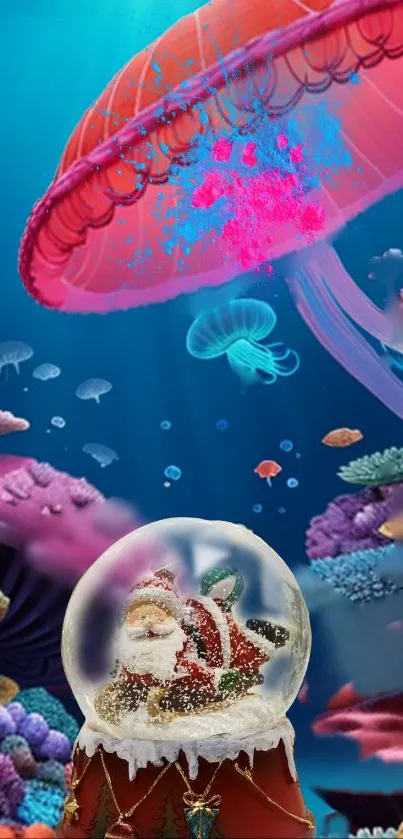 Santa in snow globe underwater with vibrant jellyfish and coral.