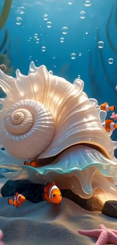 Colorful underwater scene with clownfish and conch shell.