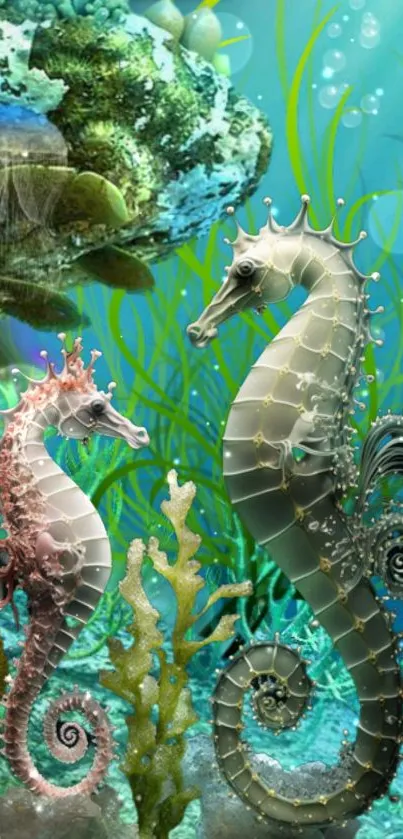Two seahorses in vibrant underwater scene with coral and seaweed.