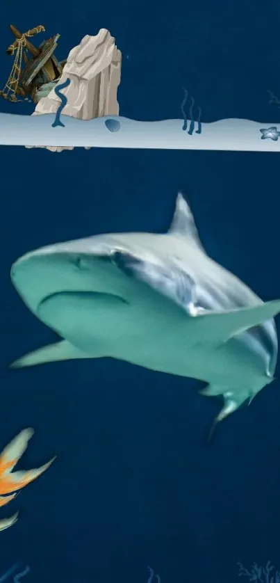 Illustrated underwater scene with a shark and vibrant blue background.