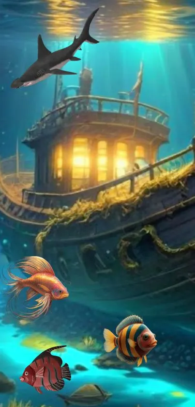 Mystical underwater scene with an abandoned ship glowing under aqua blue light.