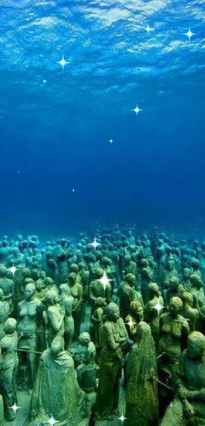 Underwater scene with statues and blue ocean.