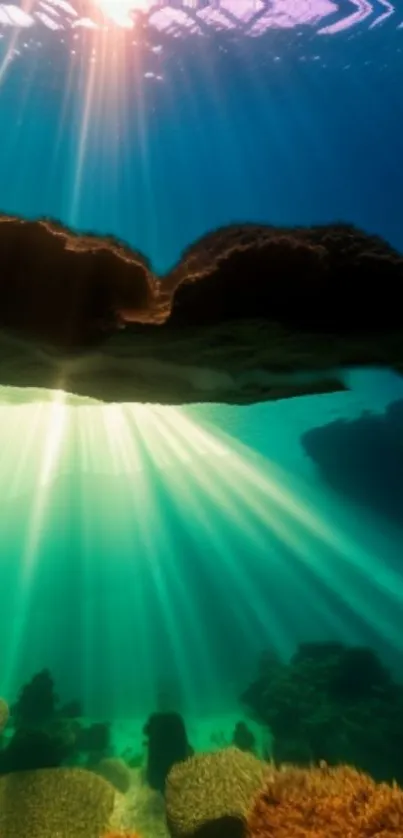 Underwater scene with sunbeams lighting vibrant marine life.