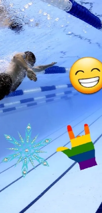 Underwater swimming scene with emojis.