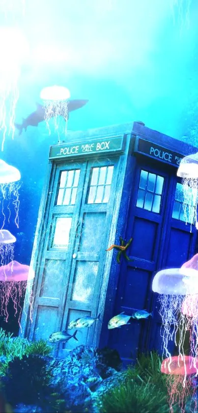 TARDIS submerged in vibrant blue underwater scene with marine life.