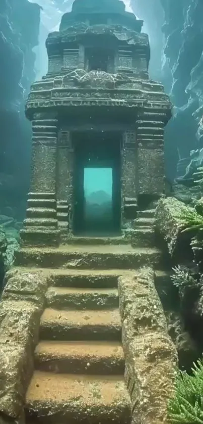 Underwater ancient temple with steps and oceanic hues.