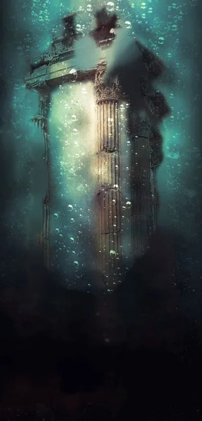 Underwater temple ruins with teal hues and bubbles creating a mystical atmosphere.