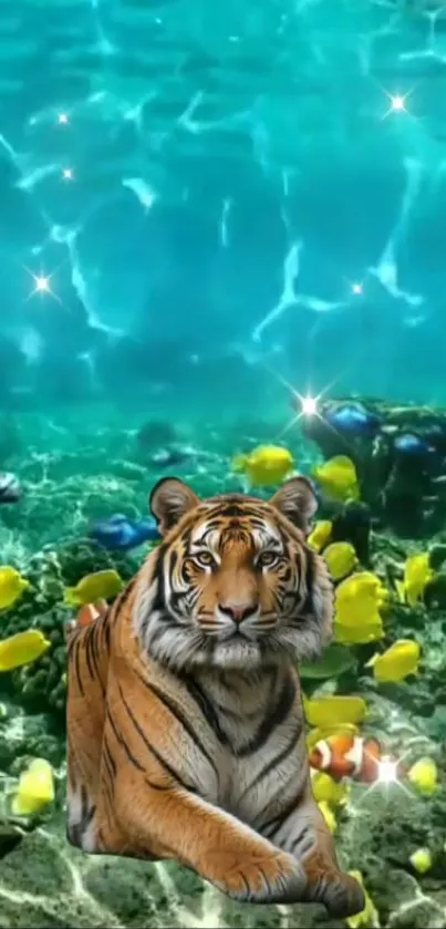 Tiger resting underwater with colorful fish in a sparkling ocean setting.