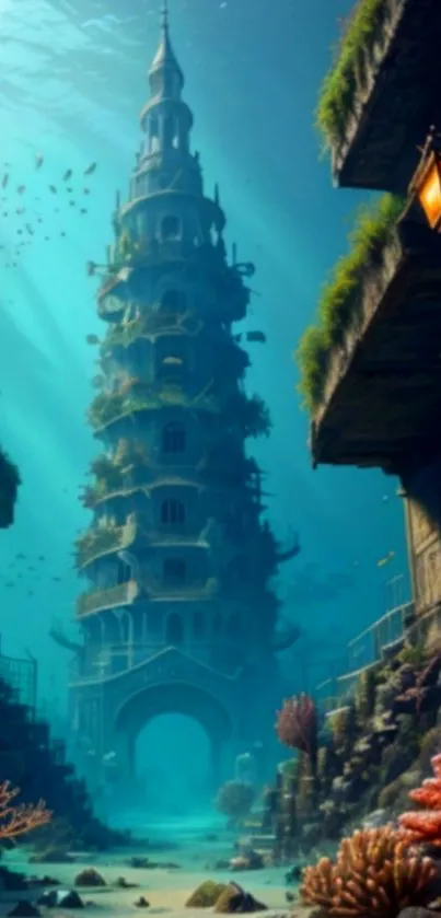 Mystical underwater tower surrounded by coral and aquatic life.