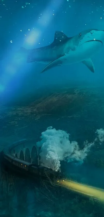 Surreal underwater scene with train and shark, teal hues dominating.