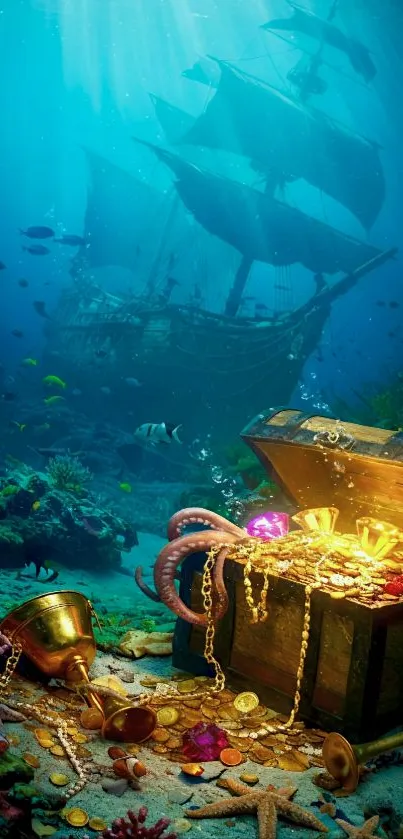 Underwater scene with a sunken ship and treasure chest