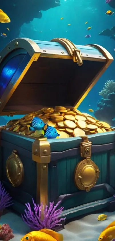 Open treasure chest underwater with gold coins and fish.
