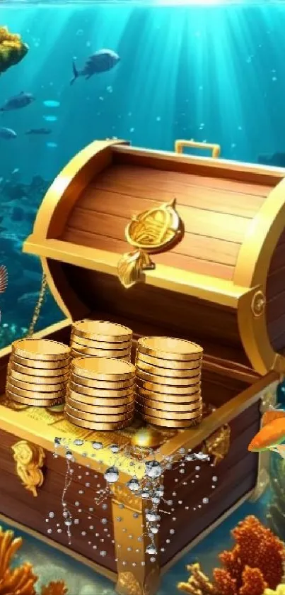 Underwater scene with treasure chest and gold coins.