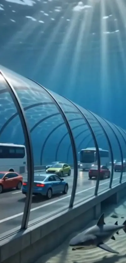 Futuristic underwater tunnel with cars and sharks.