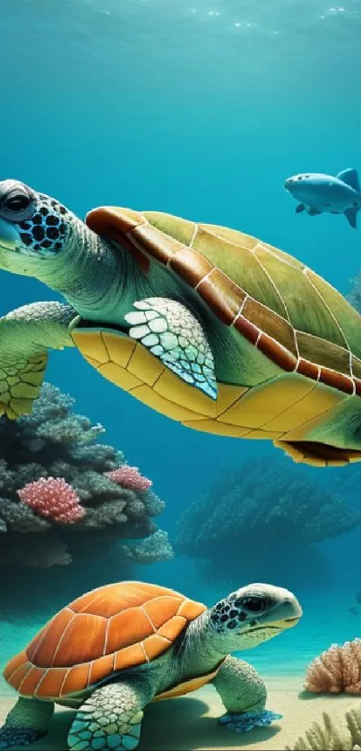 Two colorful sea turtles swim gracefully through a vibrant coral reef.