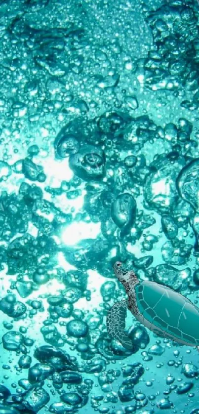 Underwater turtle amidst bubbles in serene blue sea.