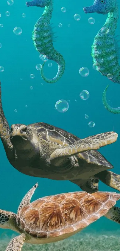 Turtles and seahorses swimming underwater in turquoise ocean.