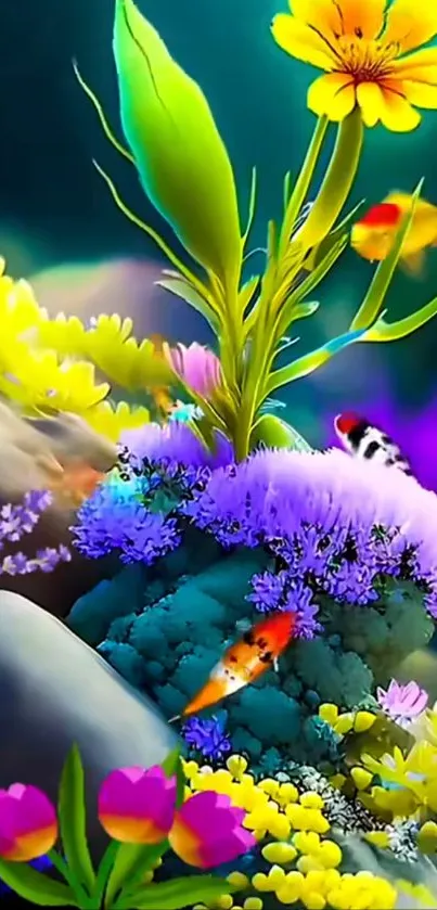 A vibrant underwater scene with colorful flowers and fish.