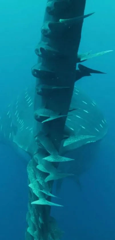 Whale shark and fish underwater in blue ocean wallpaper.