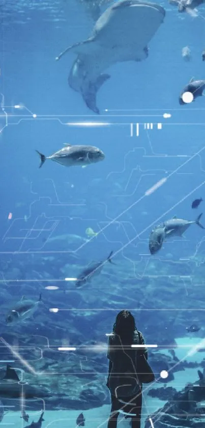 Underwater scene with various fish in a digital blue ocean design.