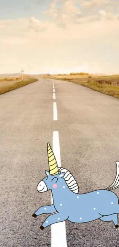 Cartoon unicorn on an open road under a pastel sky.