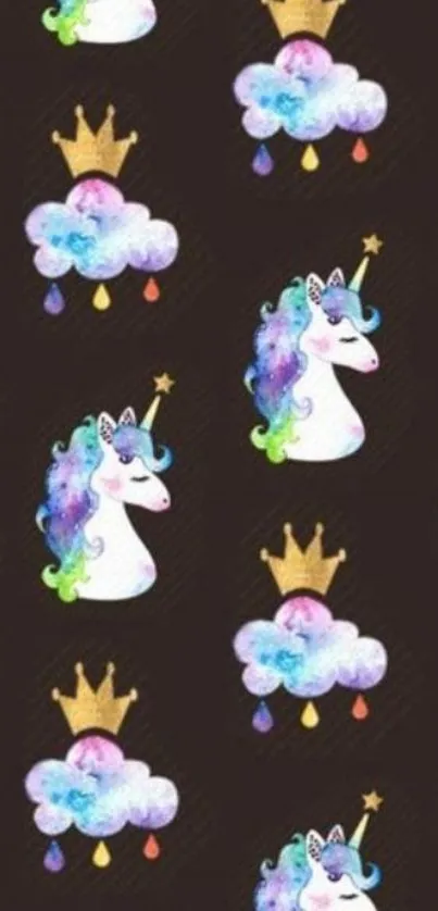 Colorful unicorn and crown wallpaper with clouds, perfect for a fantasy phone theme.