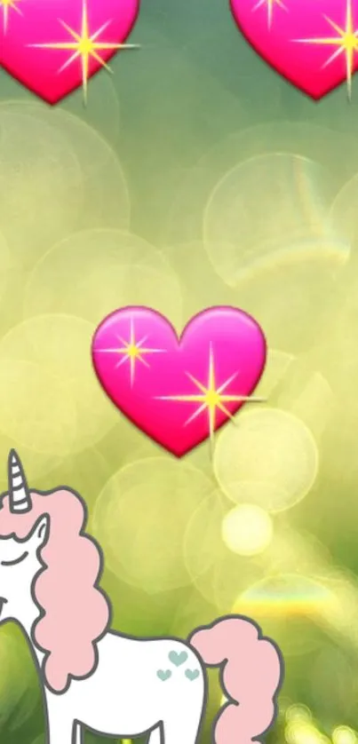 Cute unicorn and sparkling hearts on a green background wallpaper.