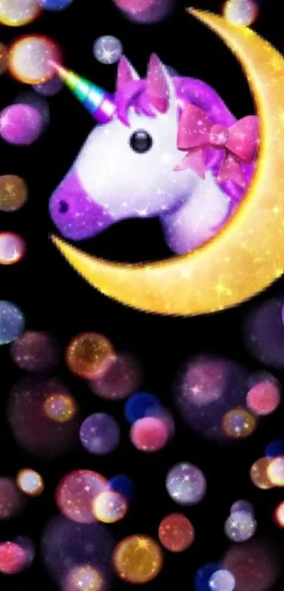 Unicorn on a crescent moon with colorful bokeh on a black background.