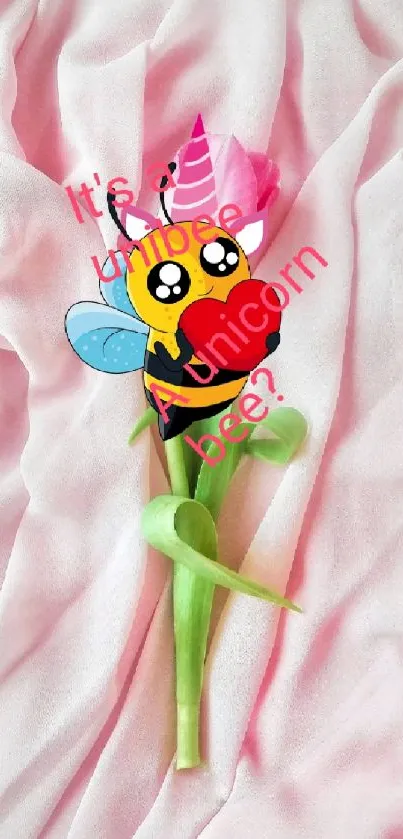 Whimsical unicorn bee on a flower with pink background.