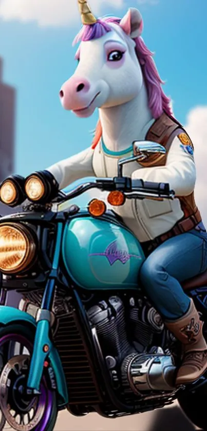 Unicorn riding a motorcycle in a vibrant cityscape.