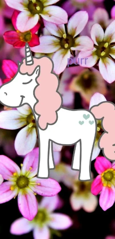 Cute unicorn on pink floral background, perfect for phone wallpaper.