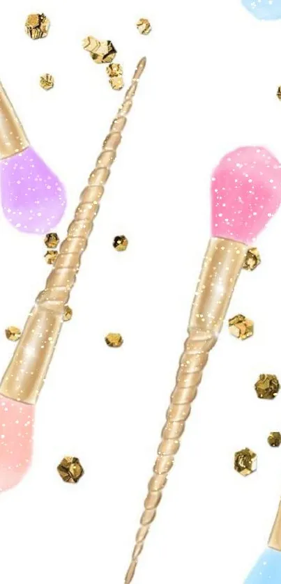 Unicorn-themed pastel makeup brushes on a white background with gold accents.