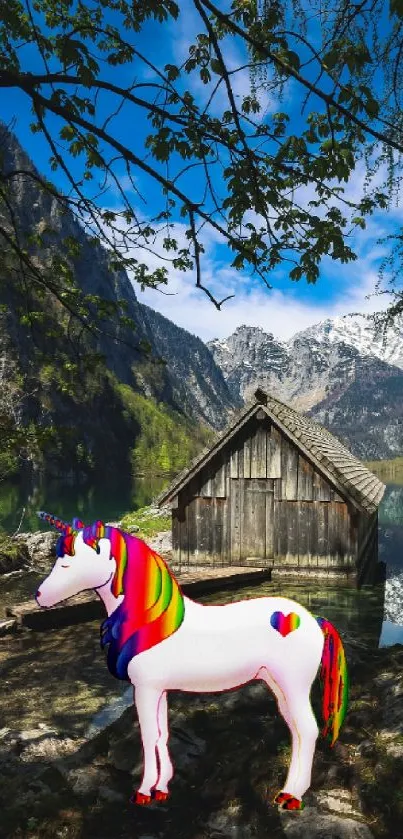 Colorful unicorn by a tranquil mountain lake and cabin.