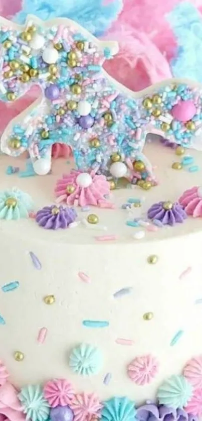 Whimsical unicorn cake with pastel colors and sprinkles.