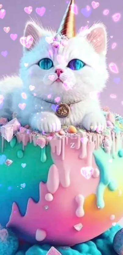 Fantasy unicorn cat on pastel globe with candy elements.