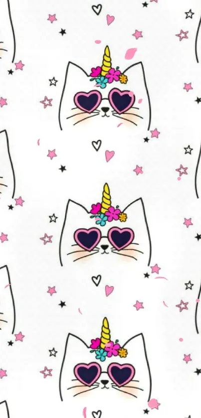 Cartoon unicorn cat faces with heart eyes on white wallpaper.