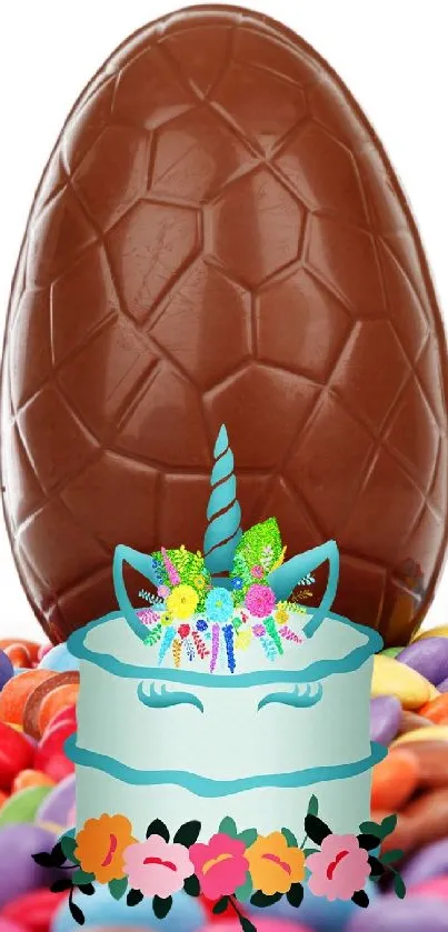 Chocolate egg with unicorn cake and colorful candies wallpaper.