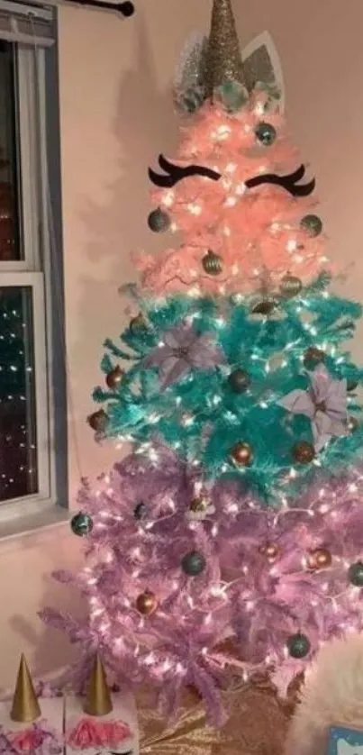 Unicorn-themed Christmas tree with colorful decorations.