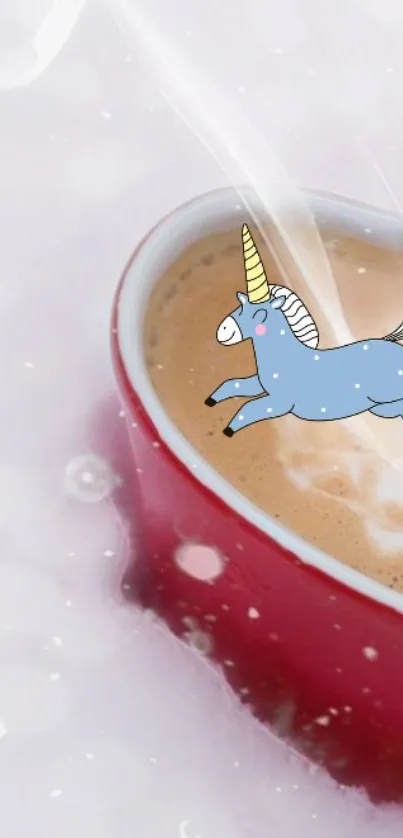 Heart-shaped coffee cup with a cute unicorn illustration.