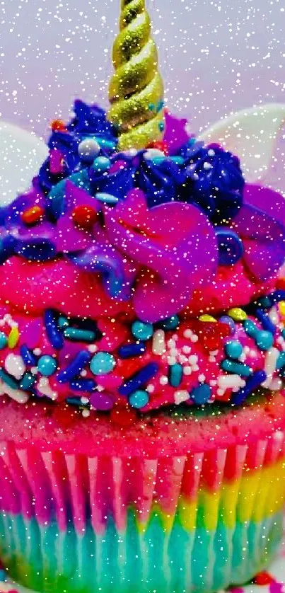 Colorful unicorn cupcake with rainbow layers and sprinkles.