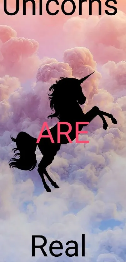 Unicorn silhouette with clouds in pastel colors.