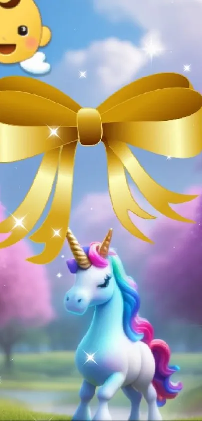 Dreamy unicorn with angel and ribbon in vibrant fantasy scenery.