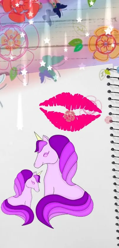 Whimsical unicorn notebook wallpaper with colorful flowers and stars.