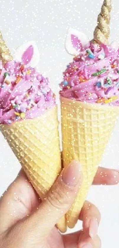 Two unicorn-themed ice cream cones with pink sprinkles held in a hand.