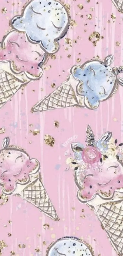 Pink unicorn ice cream pattern wallpaper with whimsical design.